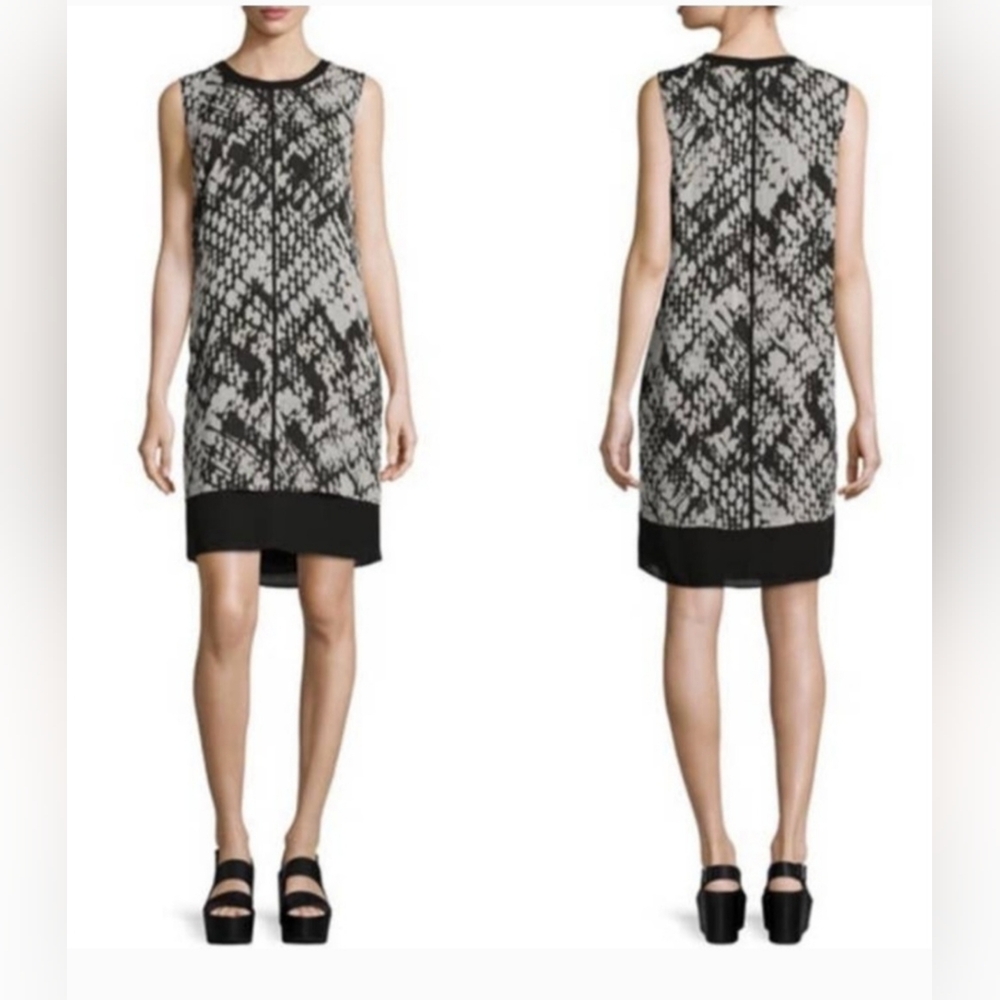 Vince Silk Black and Gray Patterned Mini Dress. Pop Over. Scandi Girl